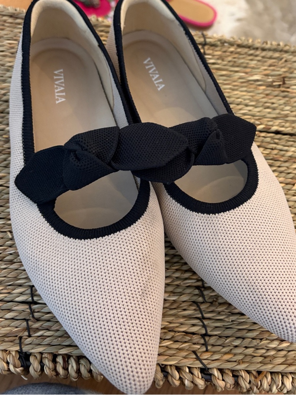 Vivaia Pointed Knit Flats in Cream with Black Trim and Bow